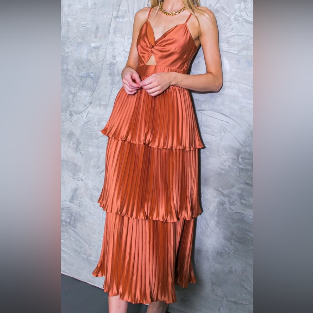 Satin Burnt Orange Tiered Satin Midi Dress Size M